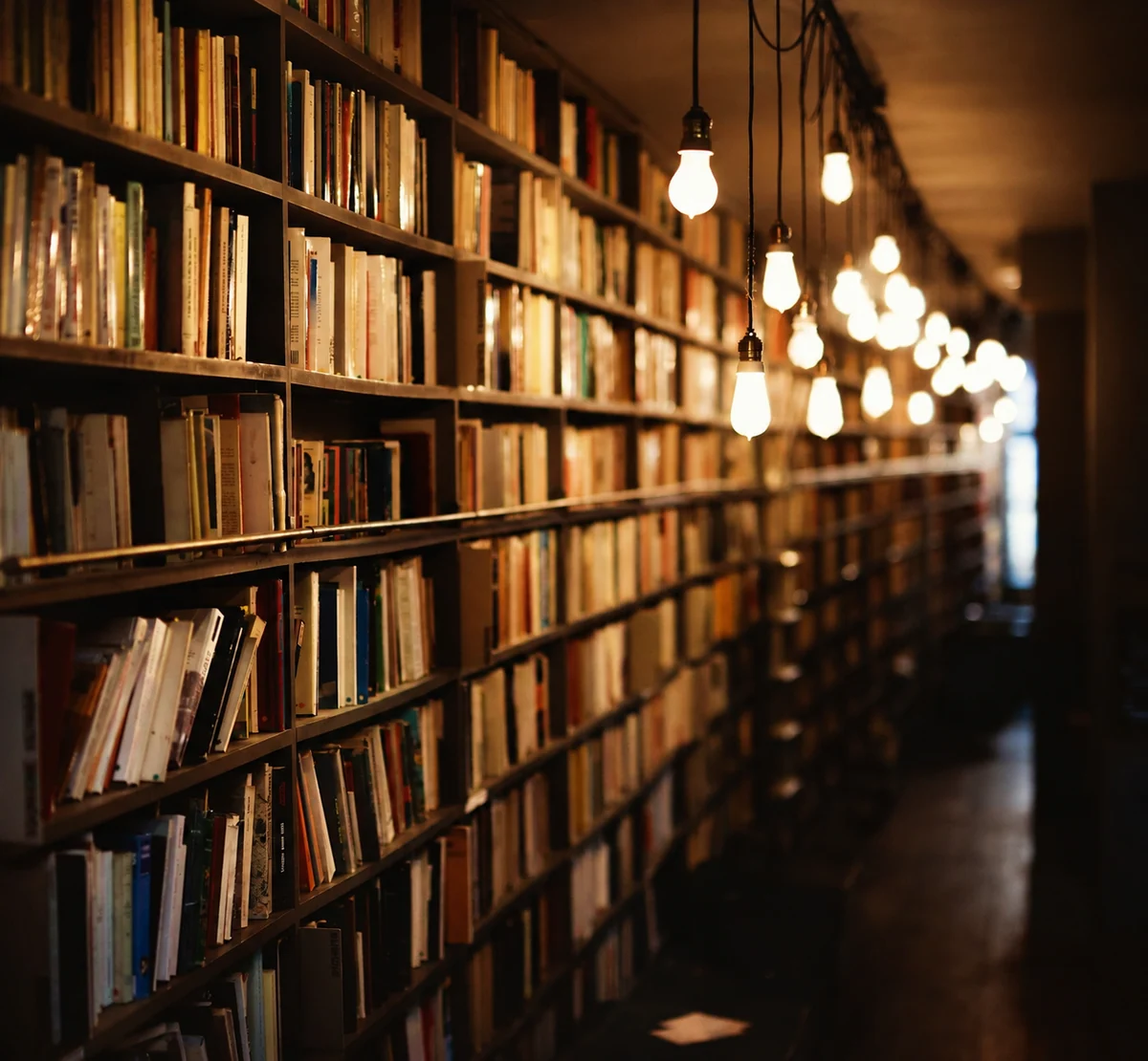 Warm library aisle with books and pendant lights