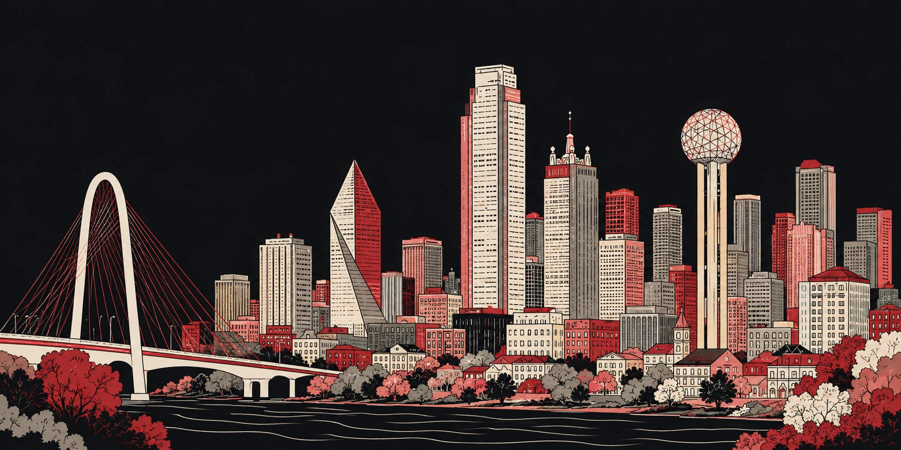 Detailed two-dimensional Dallas skyline illustration in Prodevrs red and warm ivory