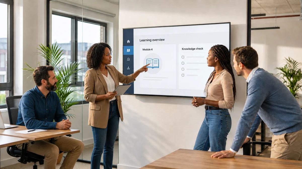 A Black woman leads an eLearning presentation while three colleagues listen
