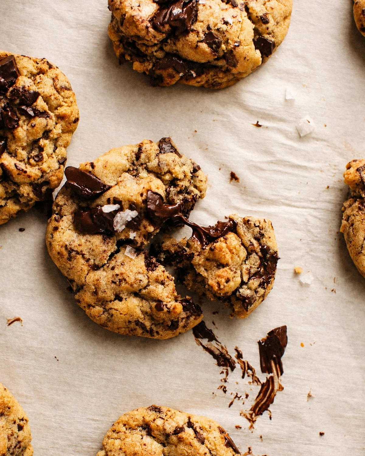 Chocolate chip cookies on parchment